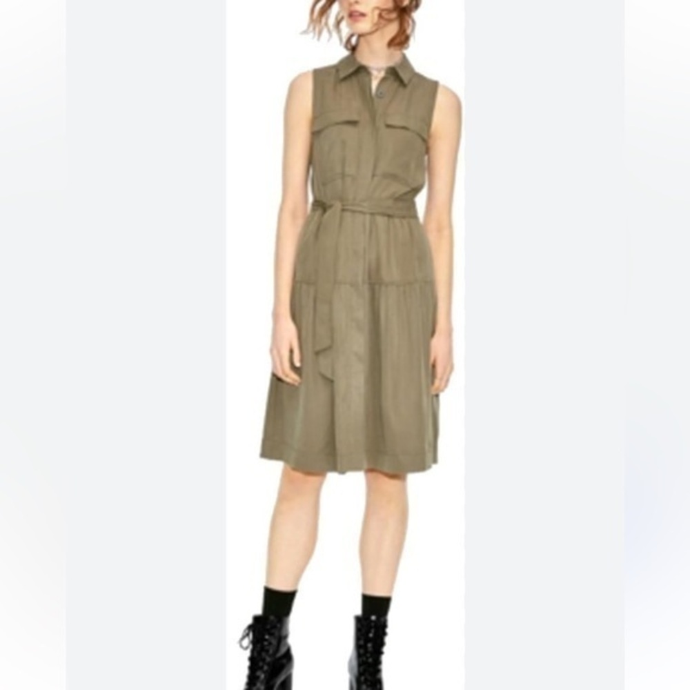 Maison Jules Army Green 100% Tencel Utility-Pocket Shirt Dress Size Large